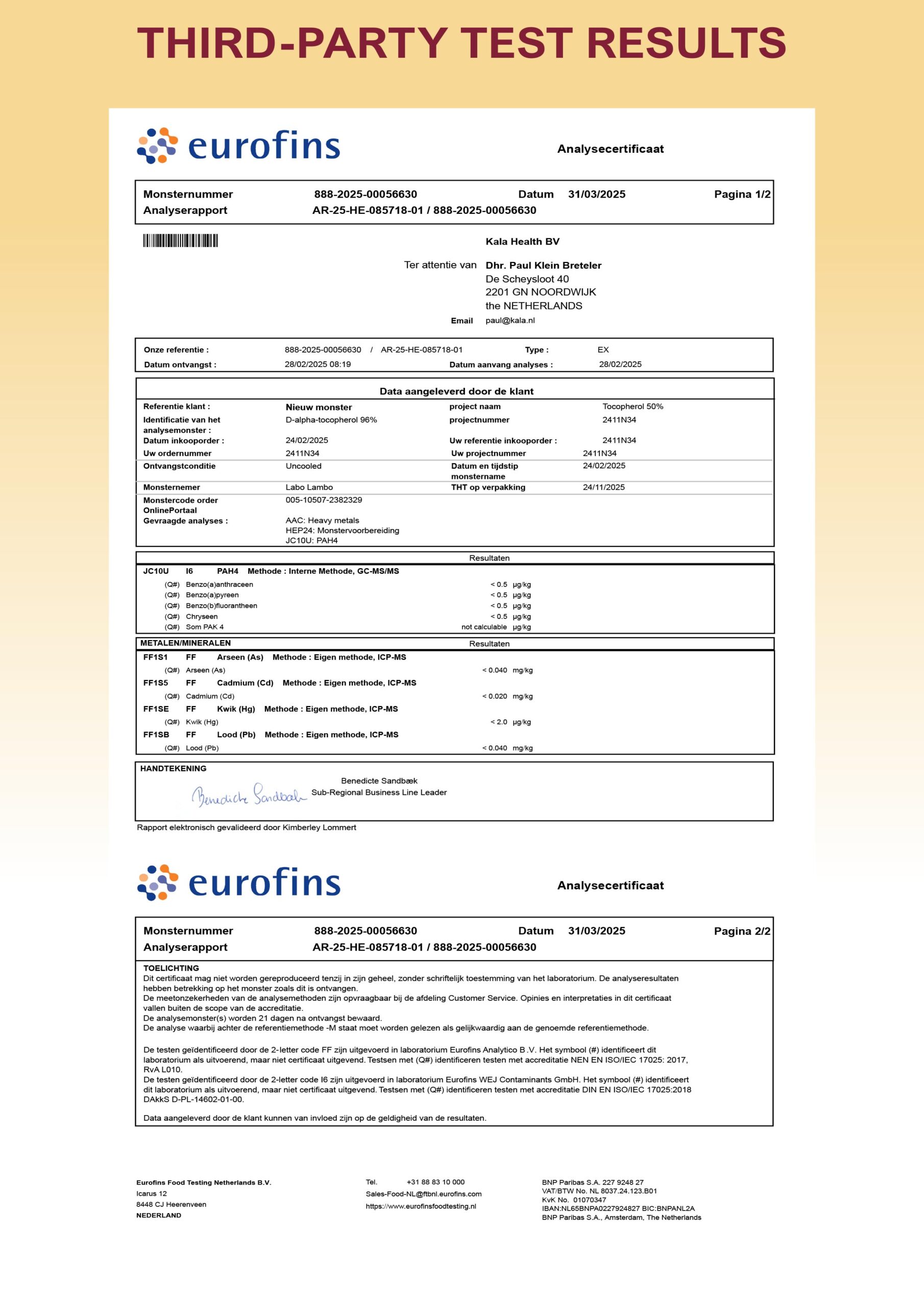 Vitamine E T8 Compleet 7 Third party lab report of our Tocopherols used in the Vitamin E T8 Complete softgels by Kala Health
