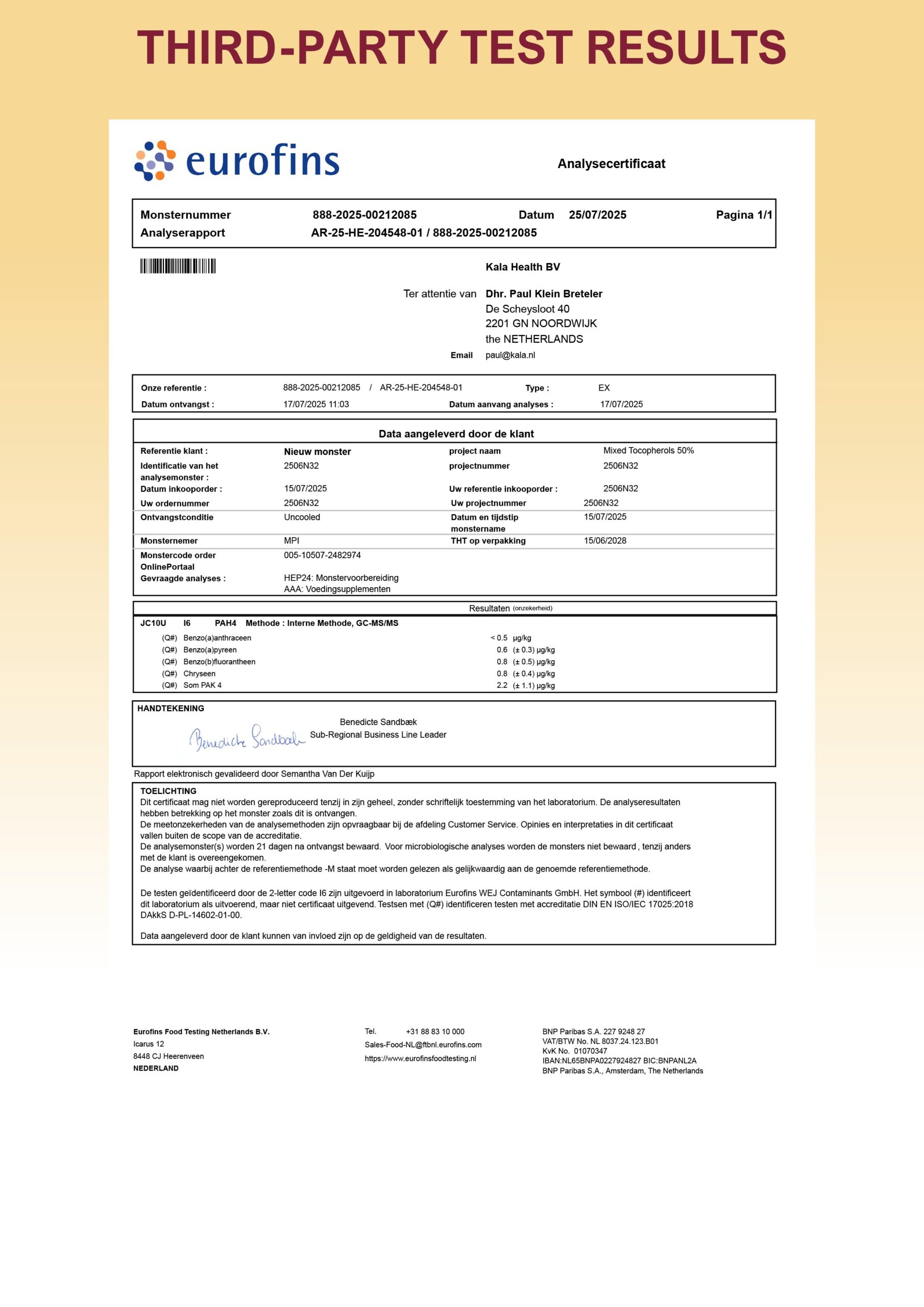 Vitamine E T8 Compleet 8 Third party lab report of our Kala Health Vitamin E T8 Complete Softgels