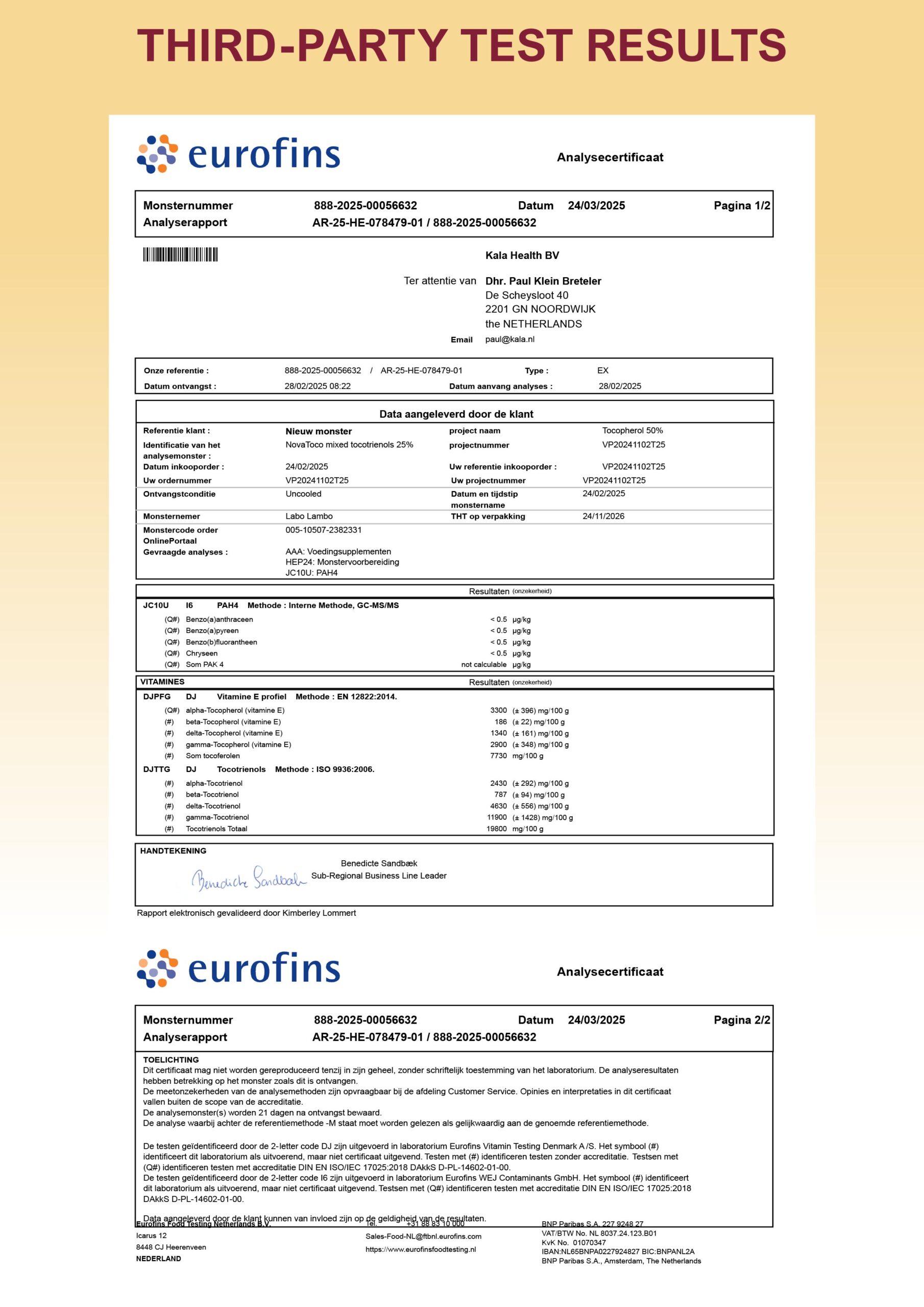 Vitamine E T8 Compleet 9 Third party lab report of our Kala Health Vitamin E T8 Complete Softgels