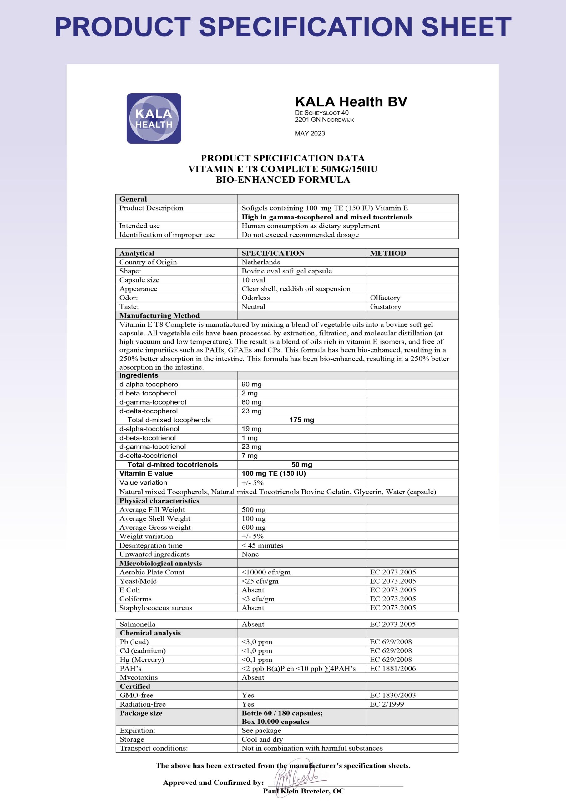 Vitamine E T8 Compleet 6 The Product Specification Sheet of Vitamin T8 Complete Softgels from Kala Health