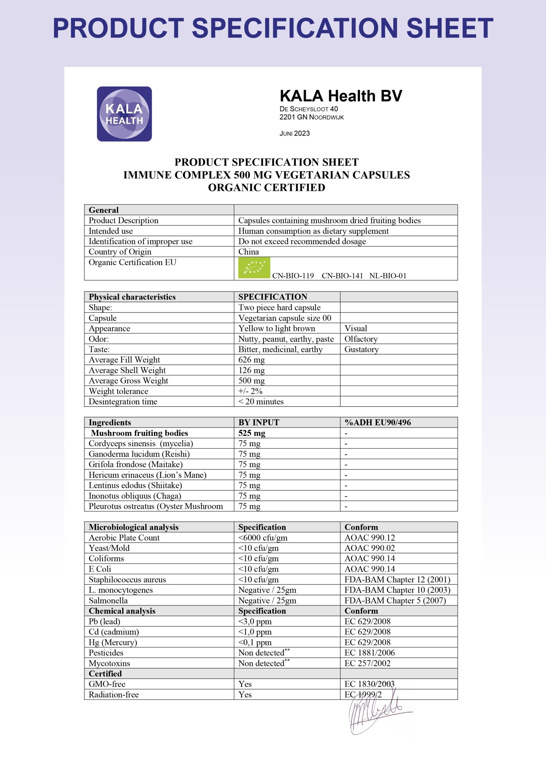 Vegan Mushroommix BIO 3 The Product Specification Sheet of Mushroom Mix BIO Capsules from Kala Health