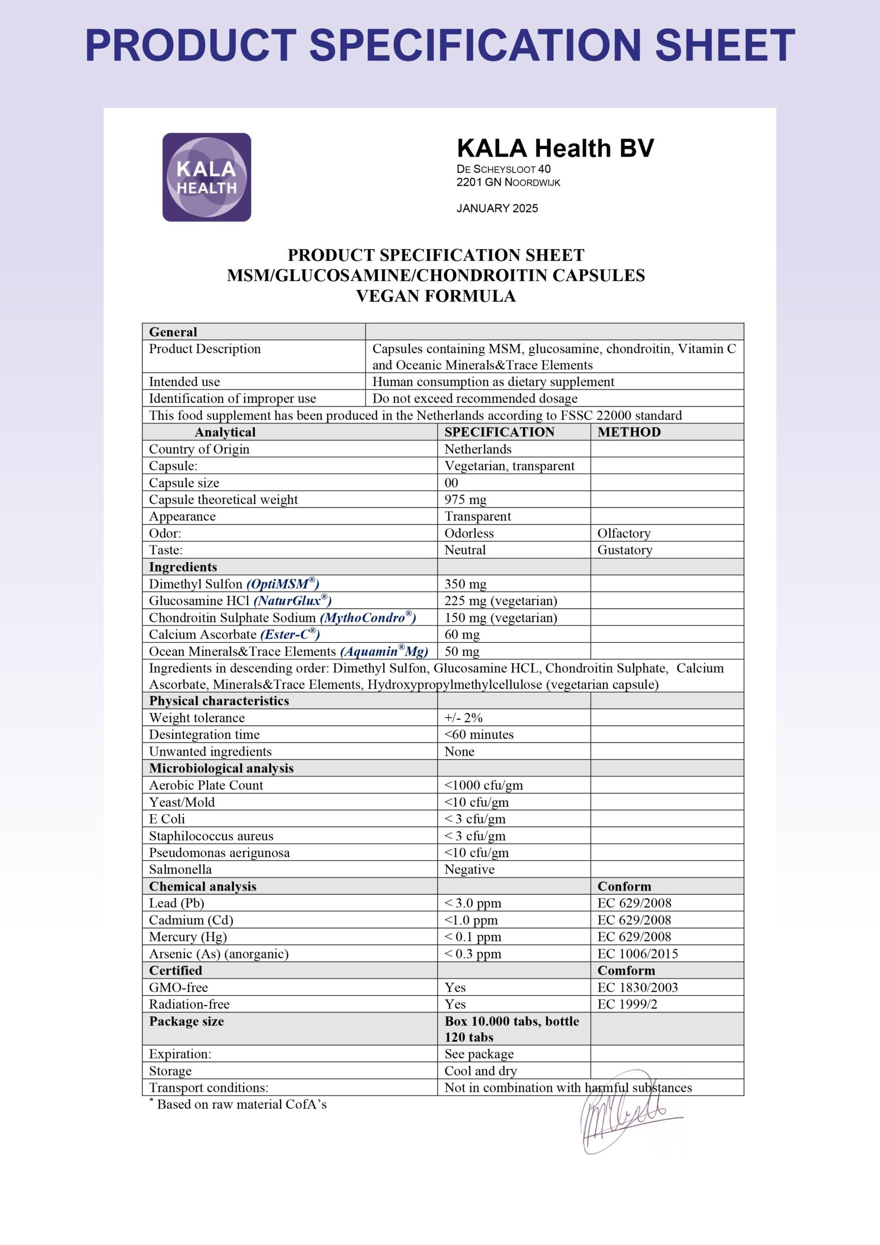 MSMGC Vegan 3 The Product Specification Sheet of MSM GC Vegan Capsules from Kala Health