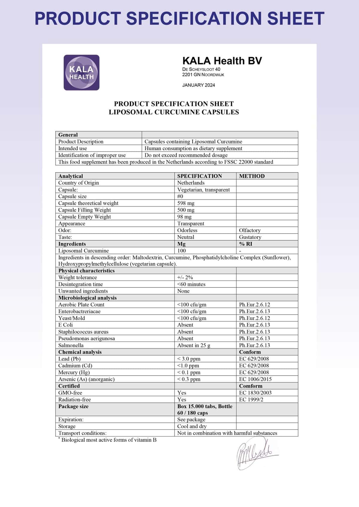 Liposomale Curcumine 3 The Product Specification Sheet of Liposomal Curcumin capsules from Kala Health