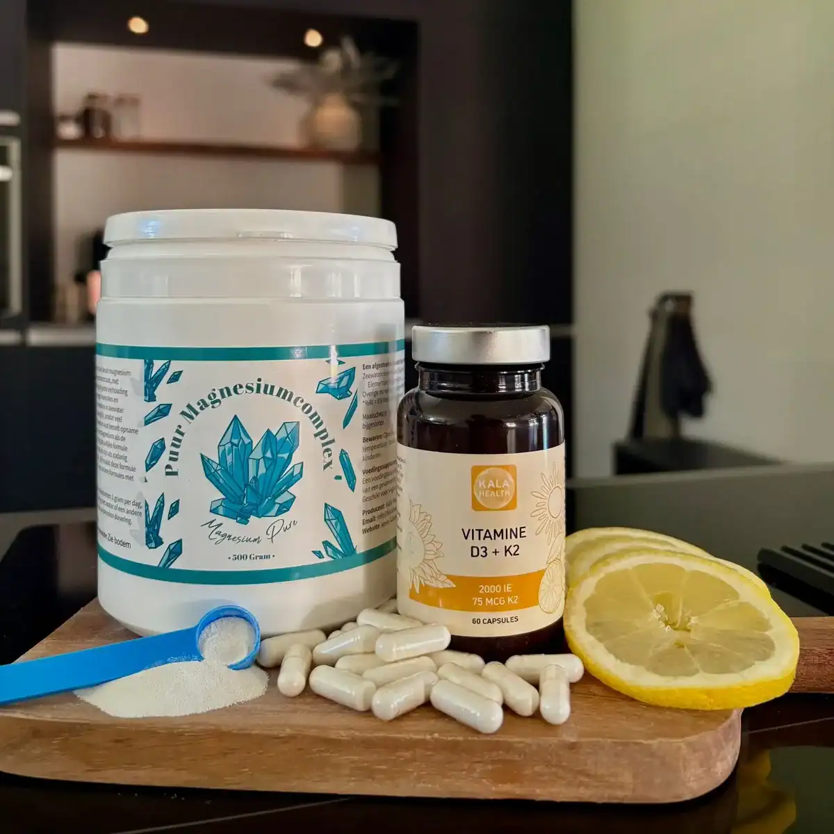 Magnesium Complex poeder en Vitamine D3+K2 capsules van Kala Health
