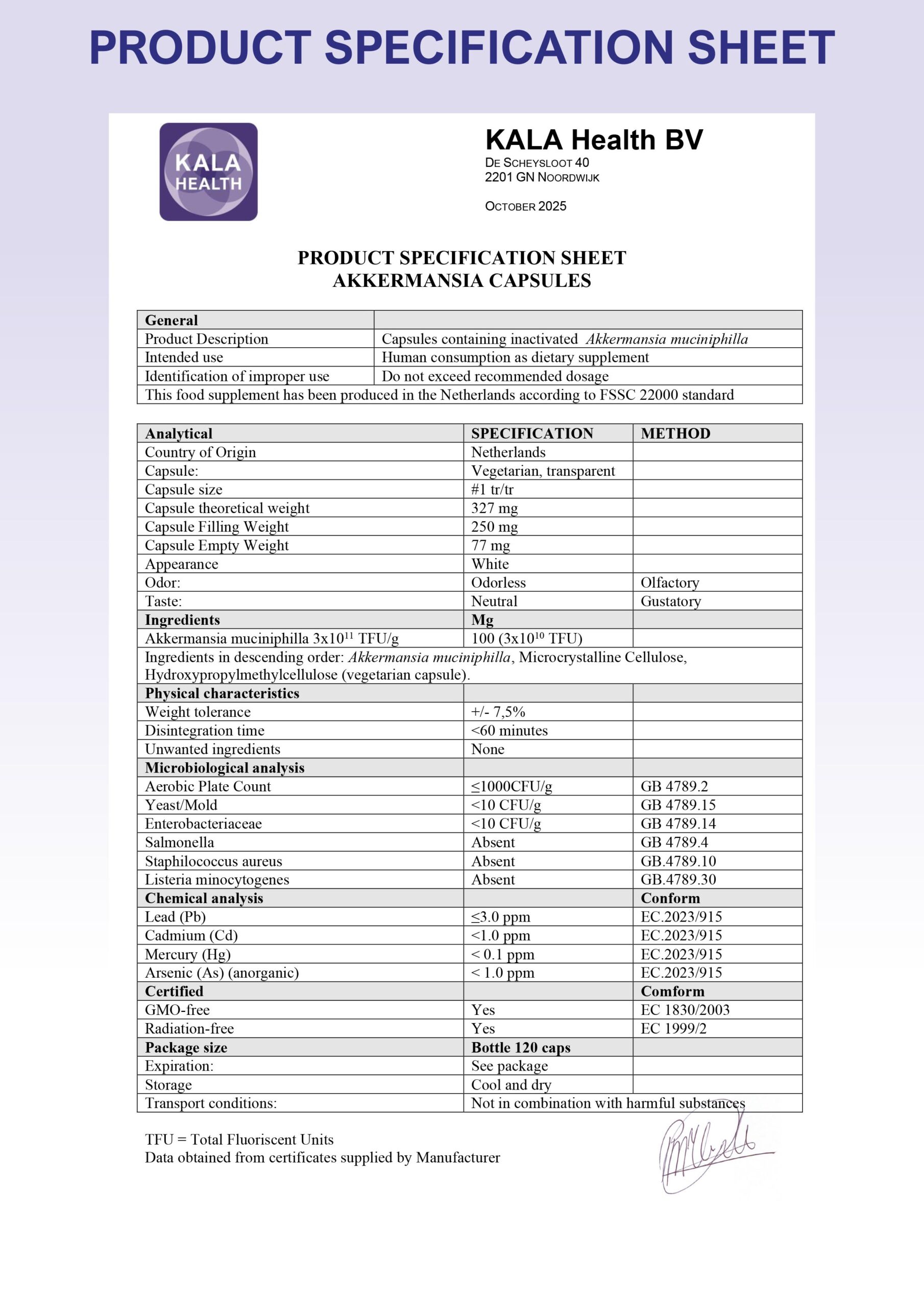 Akkermansia Capsules 2 The Product Specification Sheet of Akkermansia Capsules from Kala Health