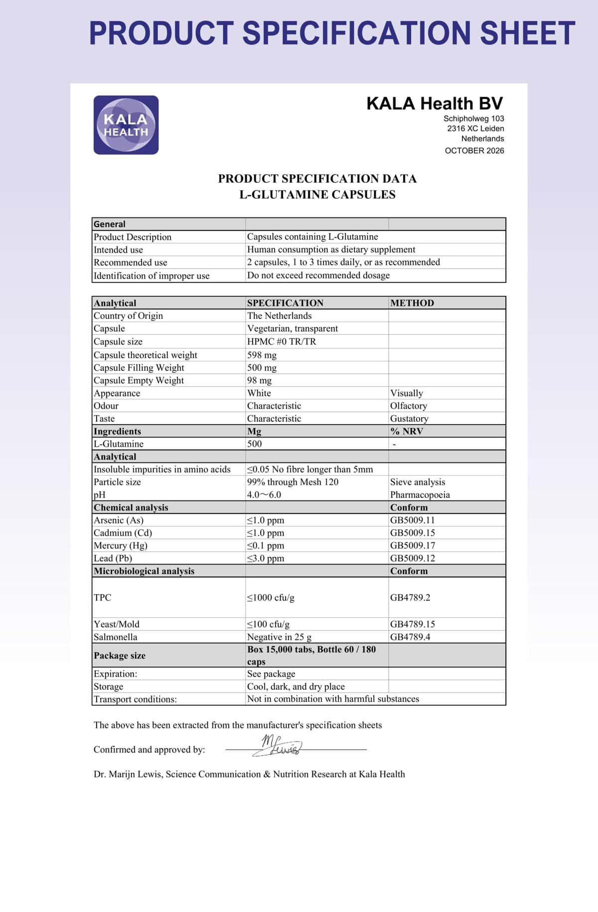 L-Glutamine 2 Product Specification Sheet L-Glutamine 500 mg by Kala Health
